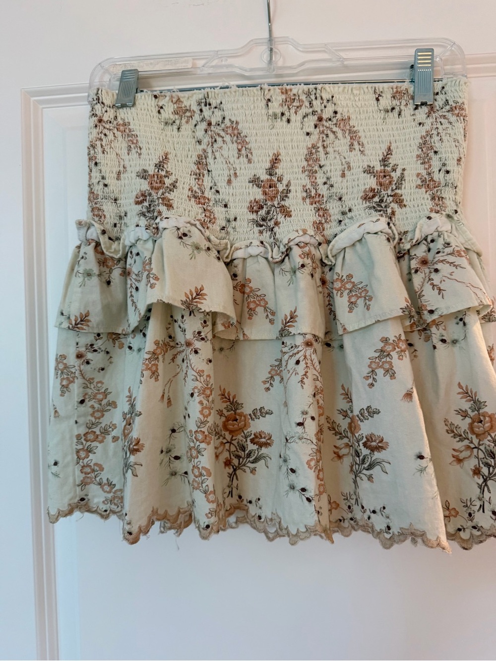 LoveShackFancy Smocked Floral Tiered Mini Skirt in Cream, Brown and Green
